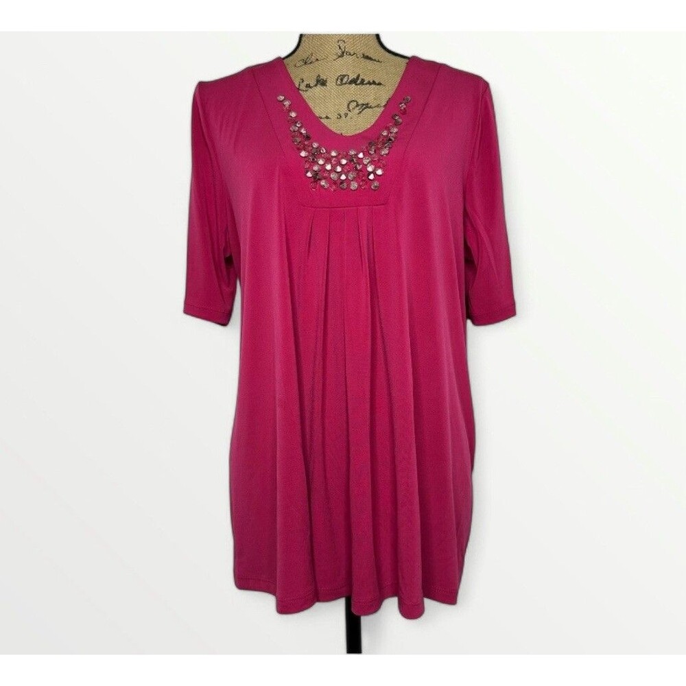 Susan Graver Liquid Knit Shirt Womens Size L Pink Deep V Top Rhinestone Bling